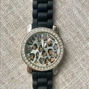 Geneva Platinum Leopard Print Silver Rhinestone Silicone Rubber Band Watch